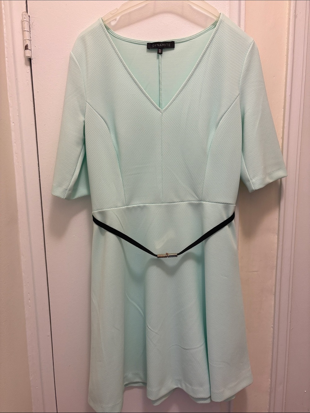 Dynamite Mint Textured V-Neck Fit & Flare Dress with Black Belt